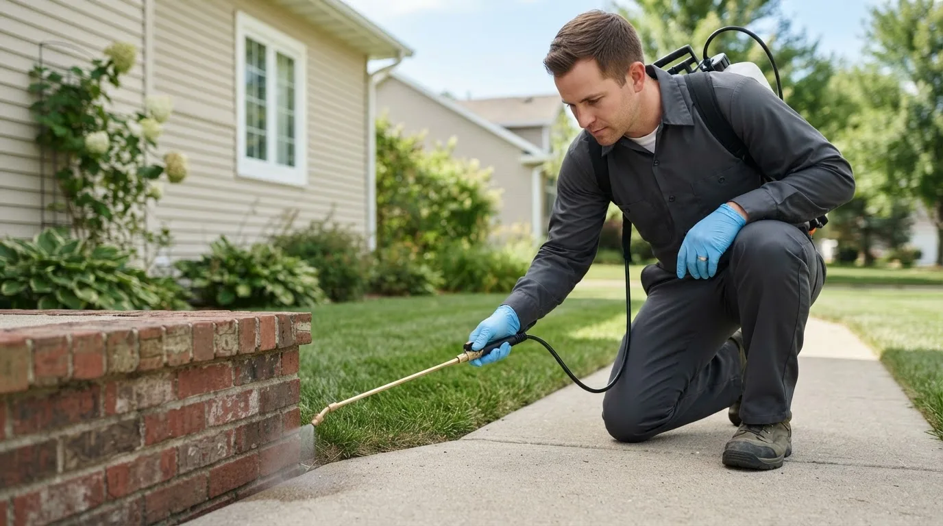 Pest control technician treating a home near Roxbury, ME