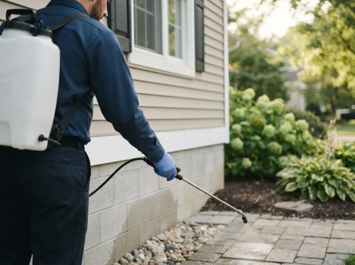 Pest control technician inspecting a home in Roxbury, ME